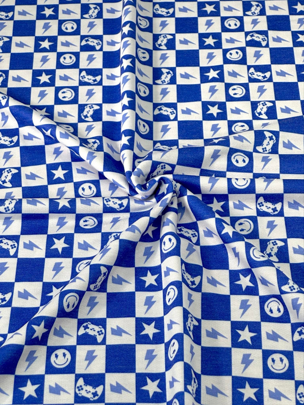(FRENCH TERRY) ROYAL BLUE GAMER AND HAPPY FACES CHECKERED PRINT (2)
