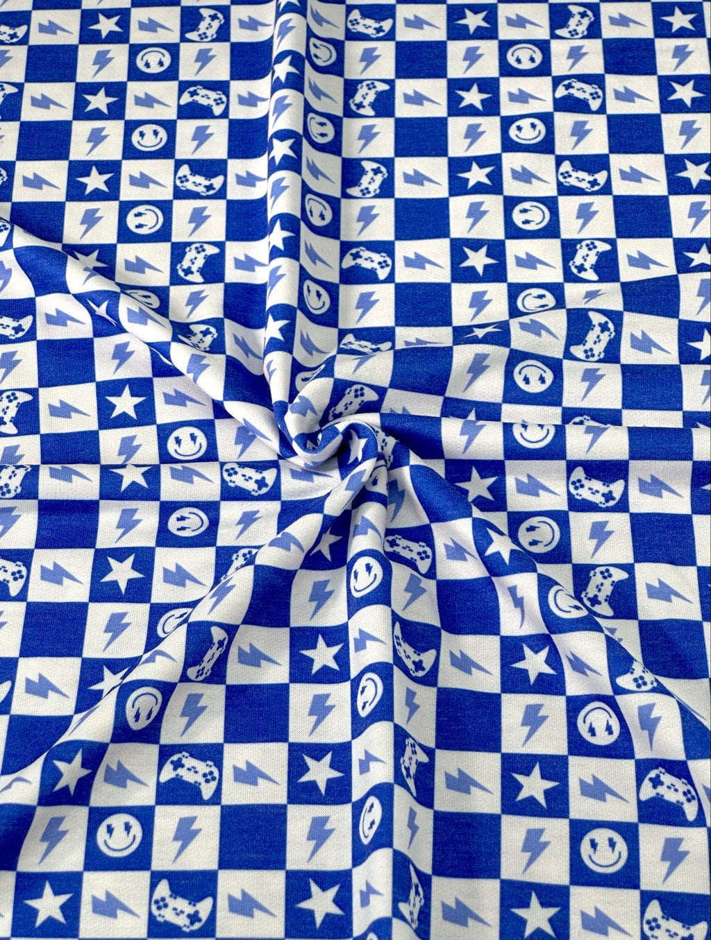 (FRENCH TERRY) ROYAL BLUE GAMER AND HAPPY FACES CHECKERED PRINT (2)