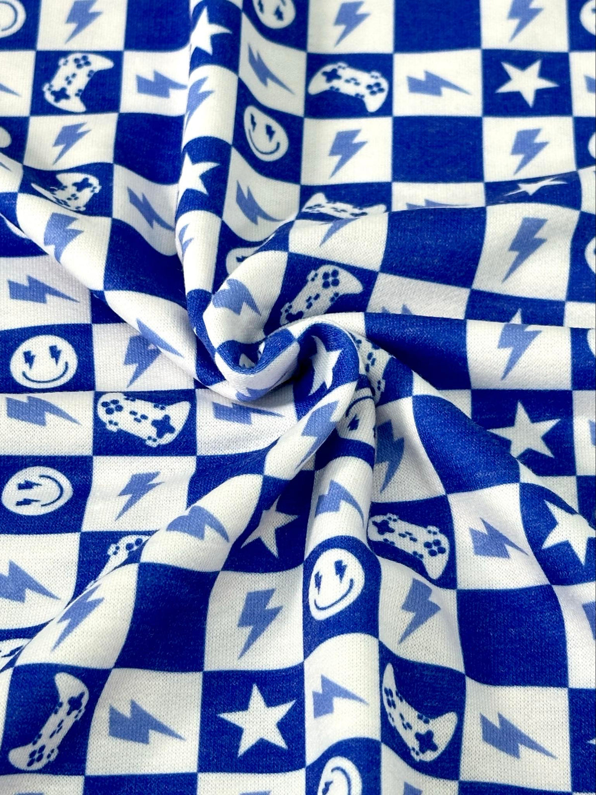 (FRENCH TERRY) ROYAL BLUE GAMER AND HAPPY FACES CHECKERED PRINT (2)