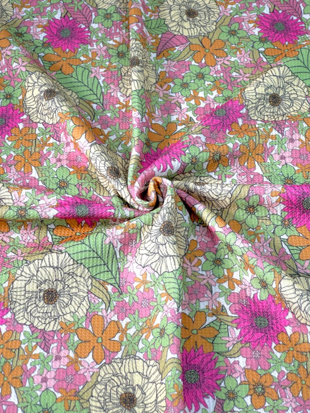 (THERMAL) PINK, YELLOW, GREEN, AND ORANGE FLOWERS ON OFF WHITE