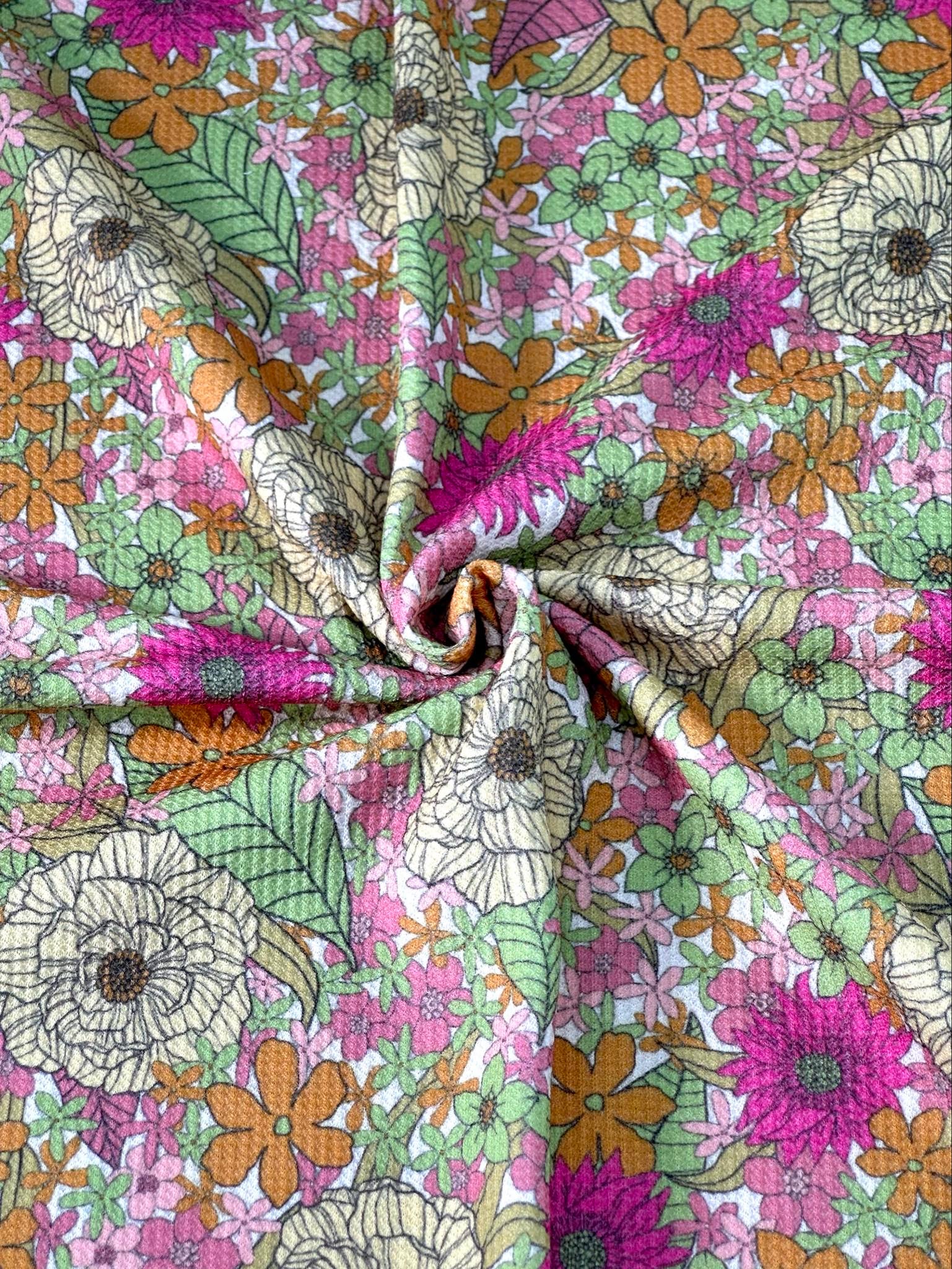(THERMAL) PINK, YELLOW, GREEN, AND ORANGE FLOWERS ON OFF WHITE
