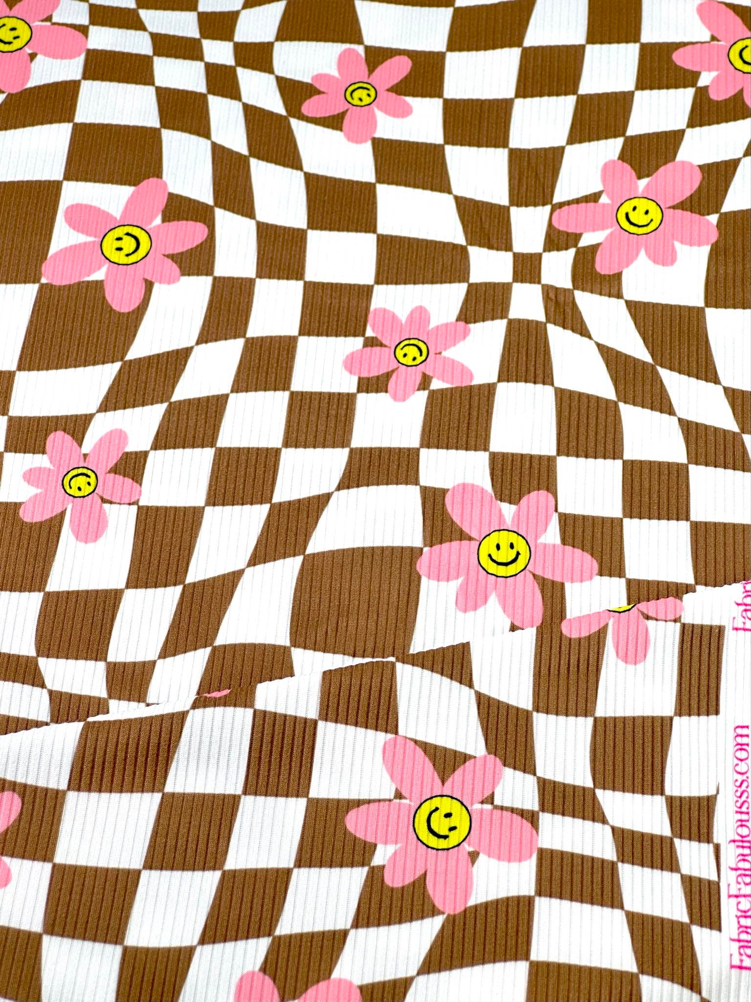 (YUMMY RIB) PINK, YELLOW HAPPY FACE FLOWERS ON BROWN CHECKERED WAVE