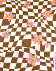 (YUMMY RIB) PINK, YELLOW HAPPY FACE FLOWERS ON BROWN CHECKERED WAVE