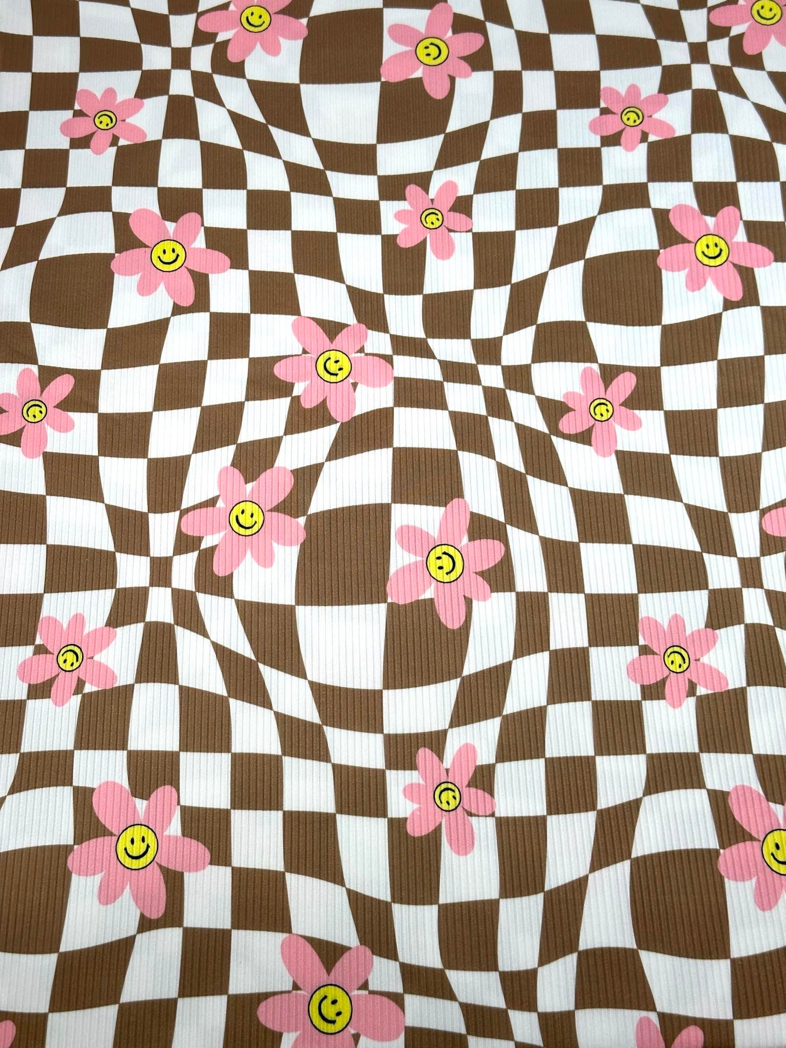 (YUMMY RIB) PINK, YELLOW HAPPY FACE FLOWERS ON BROWN CHECKERED WAVE