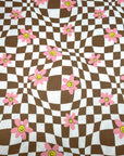 (YUMMY RIB) PINK, YELLOW HAPPY FACE FLOWERS ON BROWN CHECKERED WAVE