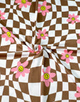 (YUMMY RIB) PINK, YELLOW HAPPY FACE FLOWERS ON BROWN CHECKERED WAVE