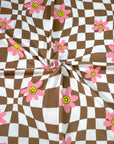 (YUMMY RIB) PINK, YELLOW HAPPY FACE FLOWERS ON BROWN CHECKERED WAVE