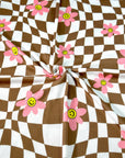 (YUMMY RIB) PINK, YELLOW HAPPY FACE FLOWERS ON BROWN CHECKERED WAVE