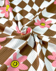 (YUMMY RIB) PINK, YELLOW HAPPY FACE FLOWERS ON BROWN CHECKERED WAVE