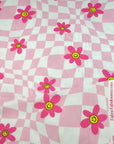 (YUMMY RIB) PRETTY PINK, YELLOW HAPPY FACE FLOWERS ON LIGHT PINK CHECKERED WAVE