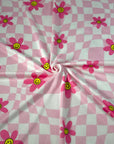 (YUMMY RIB) PRETTY PINK, YELLOW HAPPY FACE FLOWERS ON LIGHT PINK CHECKERED WAVE