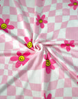 (YUMMY RIB) PRETTY PINK, YELLOW HAPPY FACE FLOWERS ON LIGHT PINK CHECKERED WAVE