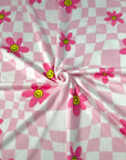 (YUMMY RIB) PRETTY PINK, YELLOW HAPPY FACE FLOWERS ON LIGHT PINK CHECKERED WAVE