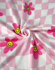 (YUMMY RIB) PRETTY PINK, YELLOW HAPPY FACE FLOWERS ON LIGHT PINK CHECKERED WAVE