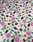 (YUMMY RIB) PINK HAPPY FACES AND SKATEBOARDS ON SILVER CHECKERED WAVE