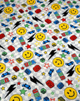 (YUMMY RIB) YELLOW HAPPY FACES AND SKATEBOARDS ON SILVER CHECKERED WAVE