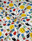 (YUMMY RIB) YELLOW HAPPY FACES AND SKATEBOARDS ON SILVER CHECKERED WAVE