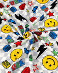 (YUMMY RIB) YELLOW HAPPY FACES AND SKATEBOARDS ON SILVER CHECKERED WAVE