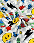 (YUMMY RIB) YELLOW HAPPY FACES AND SKATEBOARDS ON SILVER CHECKERED WAVE