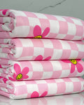 (4x2 YUMMY RIB) Pretty Pink, Yellow Happy Face Flowers On Light Pink Checkered Wave