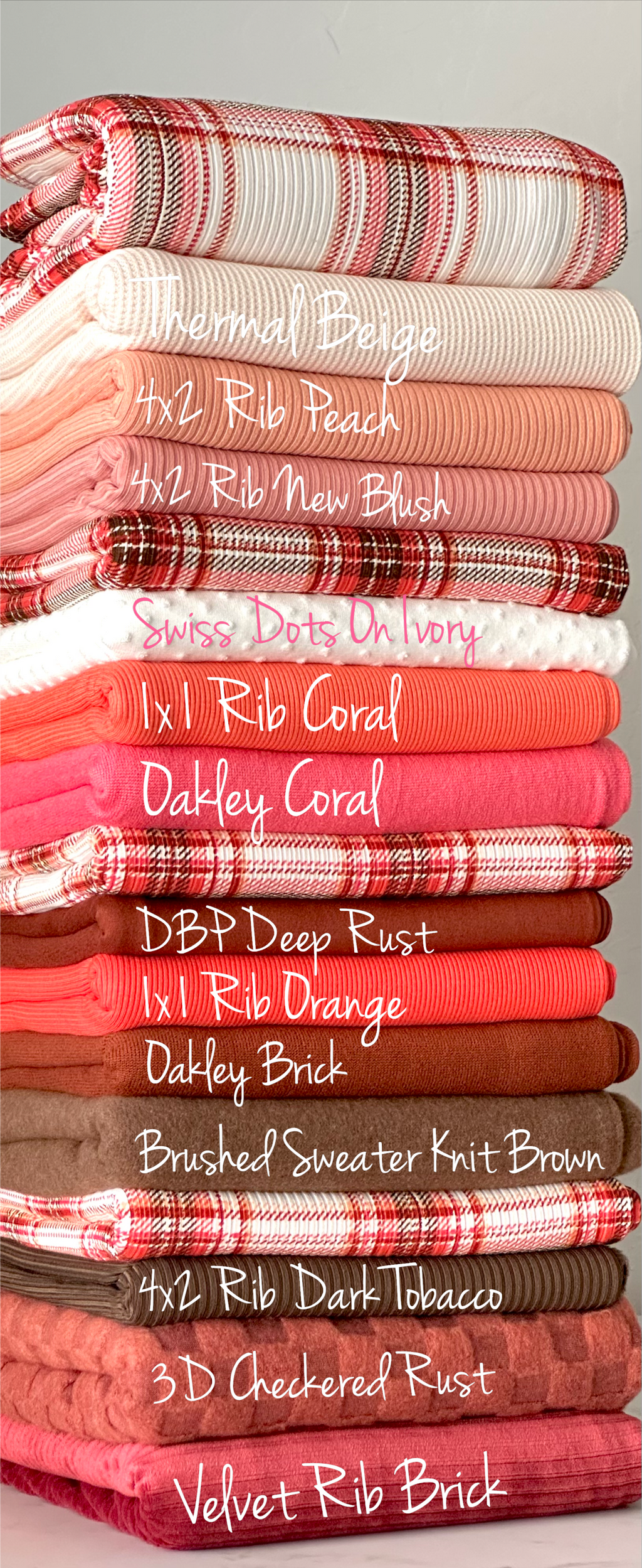 (RIB) CORAL, RED, AND BROWN PLAID ON OFF WHITE