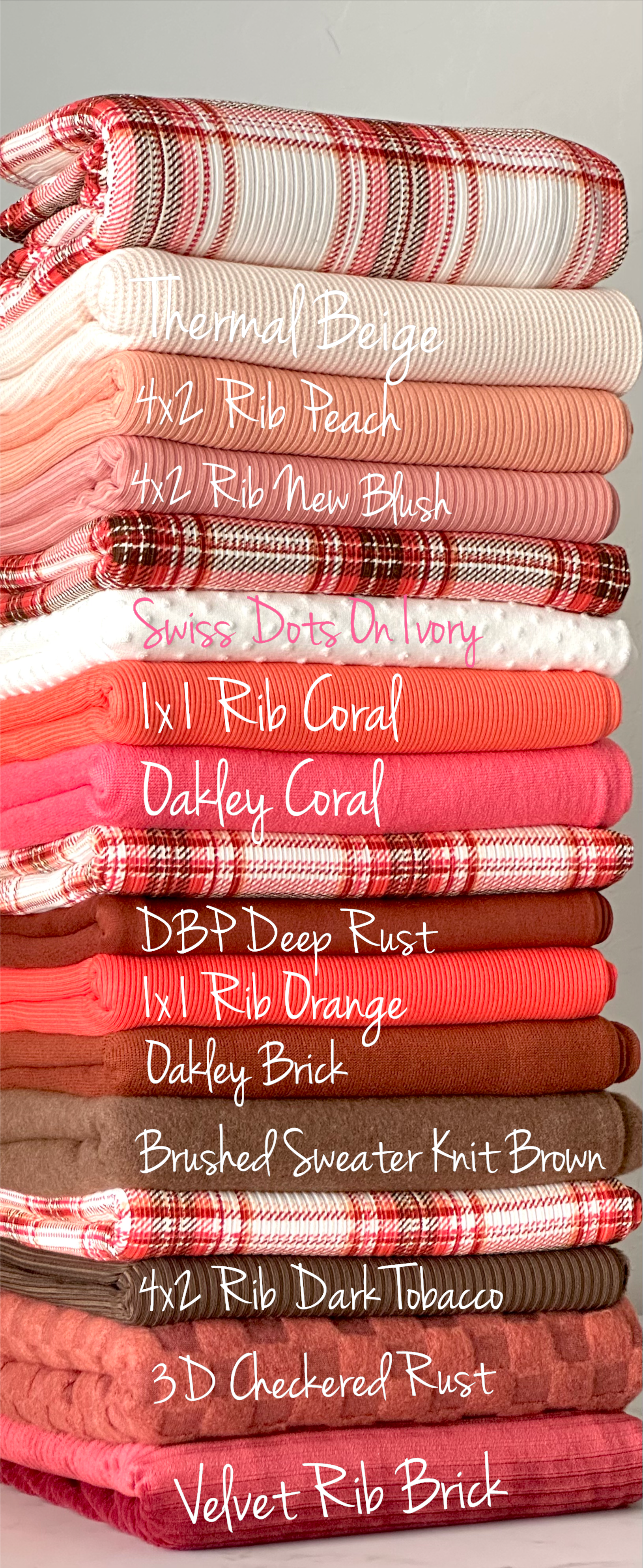 (RIB) CORAL, RED, AND BROWN PLAID ON OFF WHITE