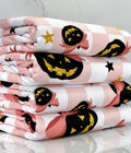 (4X2 YUMMY RIB) BLACK PUMPKINS WITH BOWS AND STARS ON LIGHT PINK CHECKERED