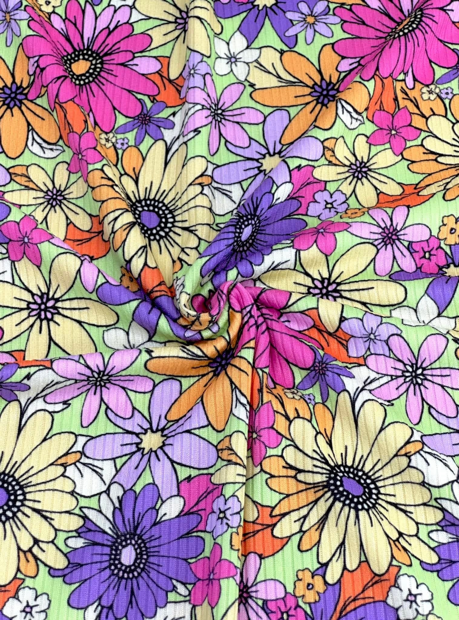 (YUMMY RIB) YELLOW, PURPLE, LILAC AND FUCHSIA FLOWERS ON LIME