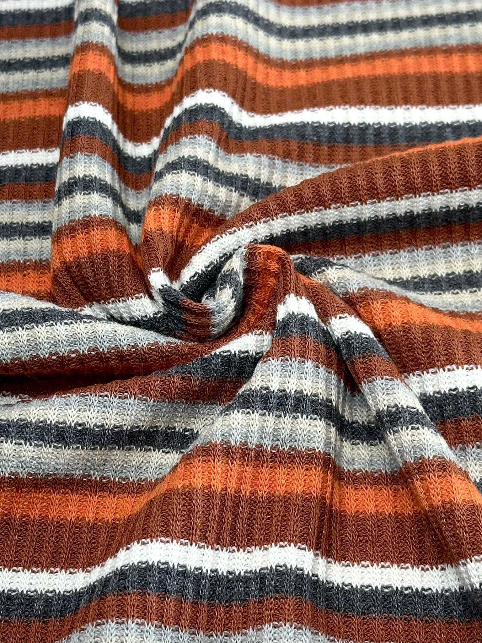 (SWEATER RIB) ORANGE, RUST, GRAY, AND OFF WHITE STRIPES