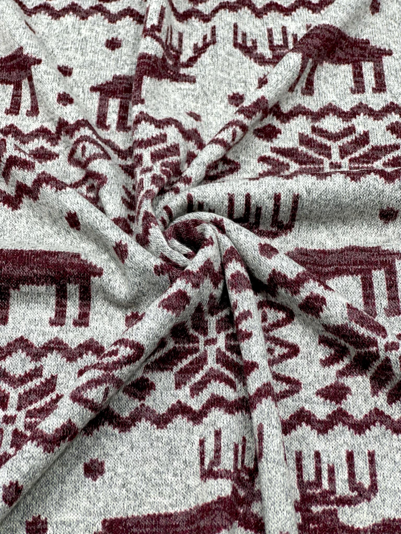 (HACCI SWEATER KNIT) WINE REINDEERS ON HEATHER GREY