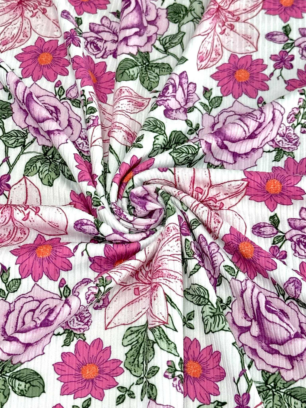 (4X2 RIB) MAGENTA AND PINK HATTIE FLOWERS ON OFF WHITE