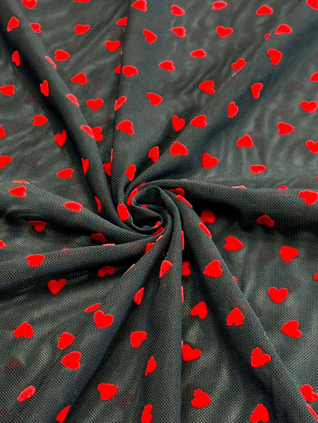 (MESH) TINY RED FLOCK HEARTS ON BLACK