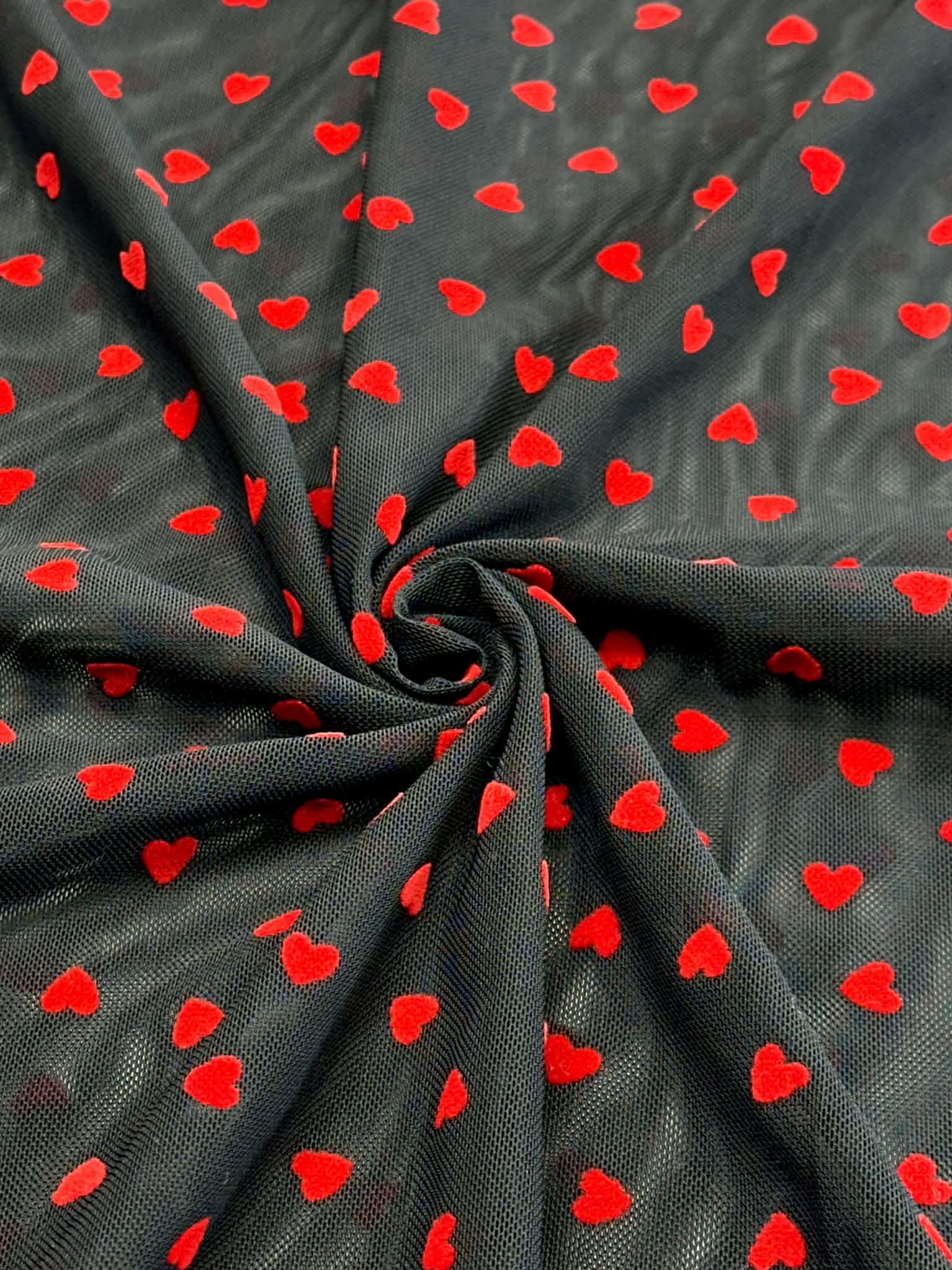 (MESH) TINY RED FLOCK HEARTS ON BLACK