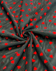 (MESH) TINY RED FLOCK HEARTS ON BLACK