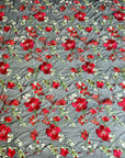 (MESH) RED, GREEN AND WHITE FLORAL ON BLACK