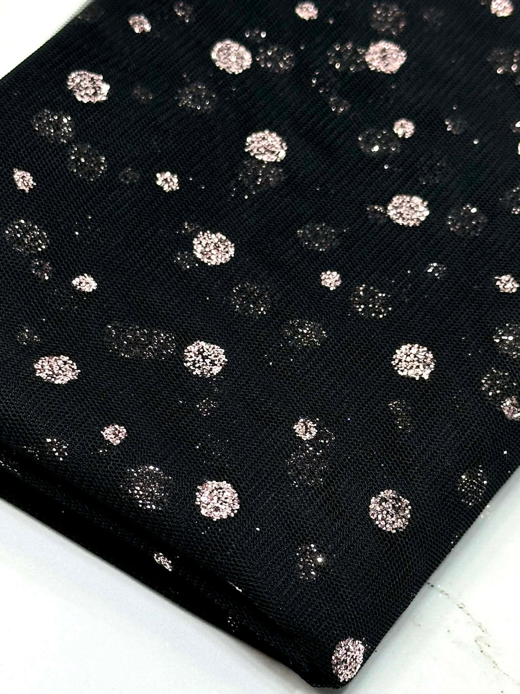 (MESH) PINK GLITTER POLKA DOTS ON BLACK