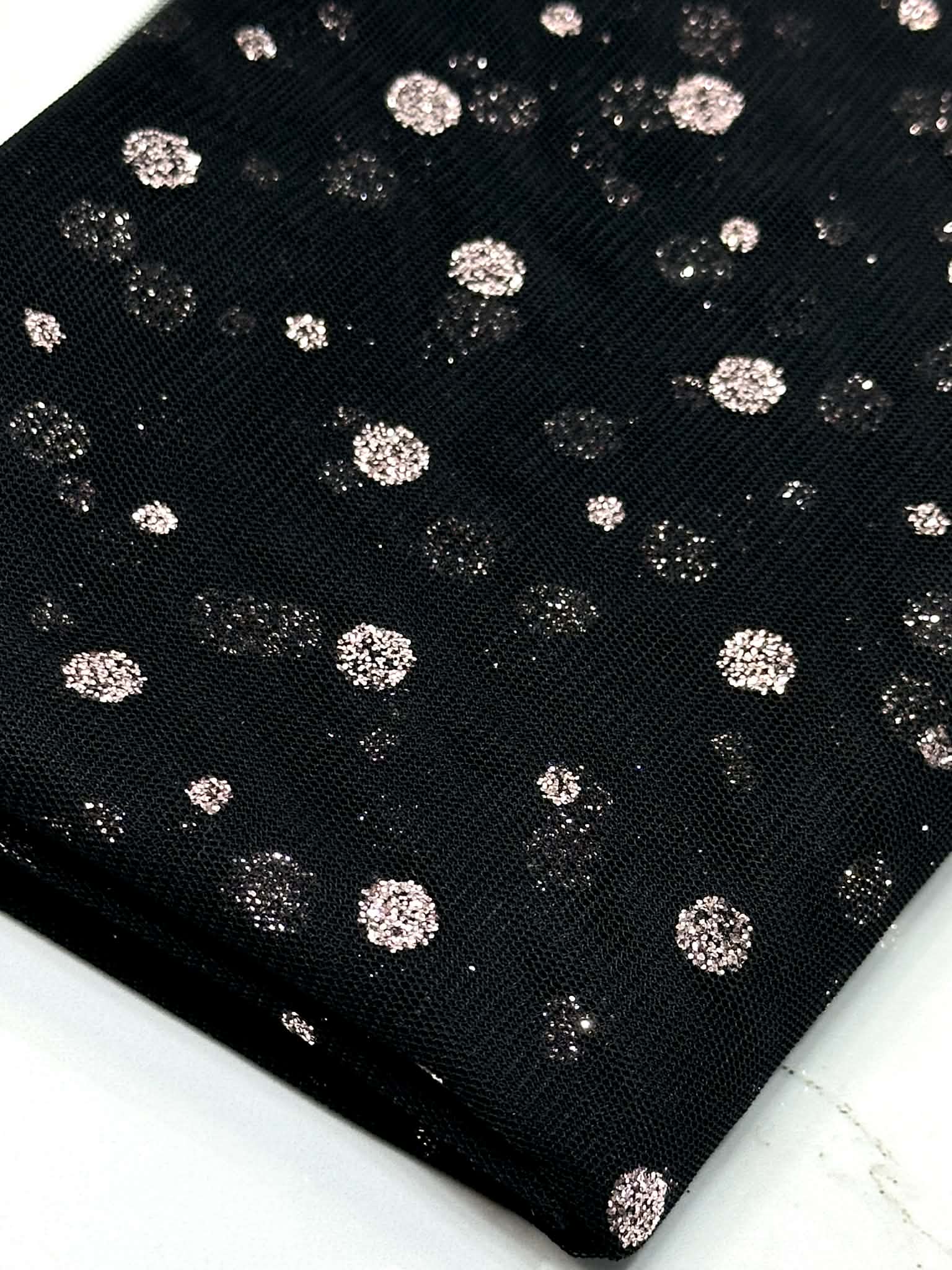 (MESH) PINK GLITTER POLKA DOTS ON BLACK