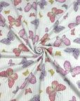 (YUMMY RIB) PINK, PURPLE, AND YELLOW BUTTERFLIES ON OFF WHITE