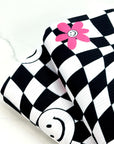 (YUMMY RIB) PINK, WHITE HAPPY FACE FLOWERS ON BLACK CHECKERED WAVE