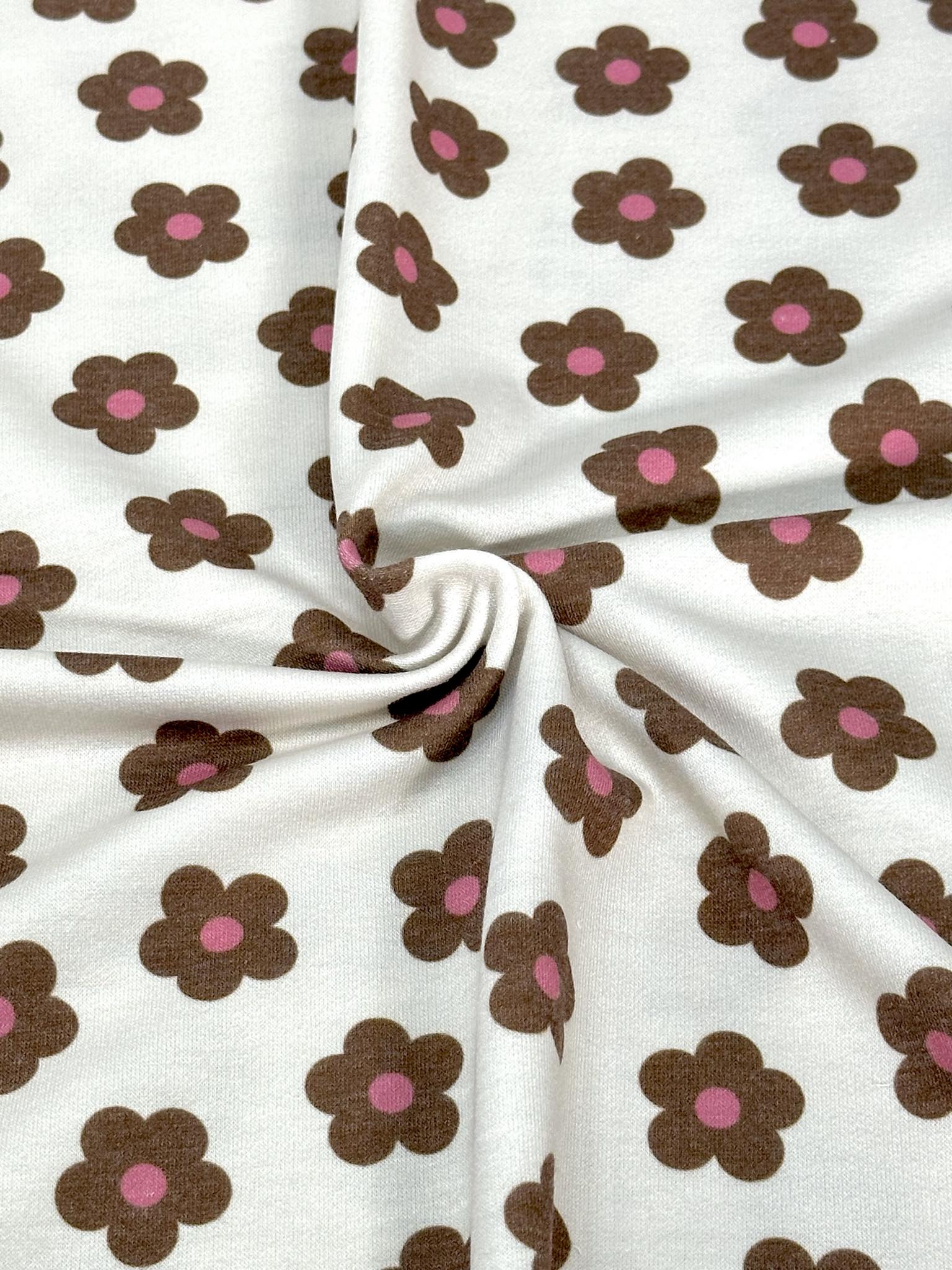 (FRENCH TERRY) SMALL PINK AND BROWN FLOWERS ON LIGHT CREAM