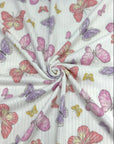 (YUMMY RIB) PINK, PURPLE, AND YELLOW BUTTERFLIES ON OFF WHITE