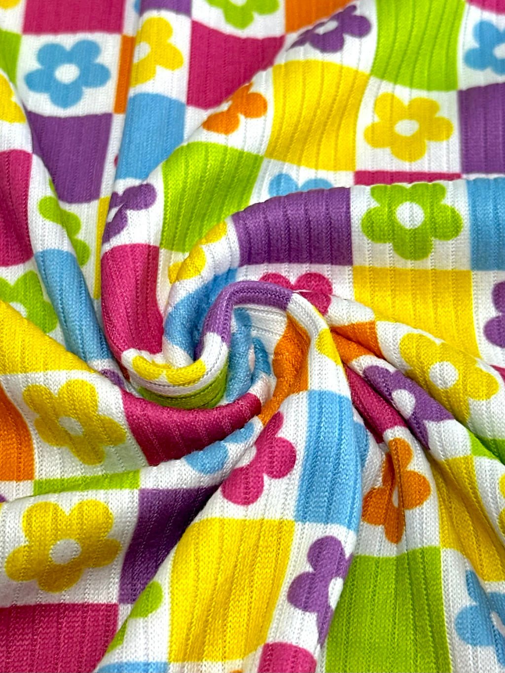 (4X2 YUMMY RIB) BRIGHT COLORFUL FLOWERS AND CHECKERED PATTERN