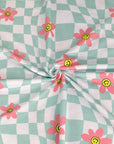 (FRENCH TERRY) LIGHT AQUA CHECKERED WAVE AND PINK HAPPY FACE FLOWERS