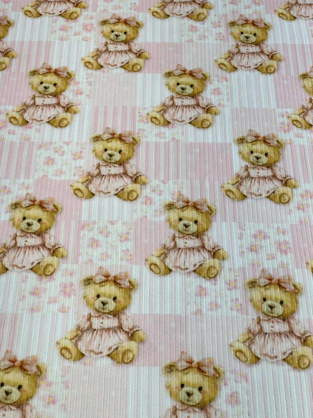 (4X2 YUMMY RIB) TEDDY BEARS, BABY PINK FLOWERS AND STRIPES PATTERN