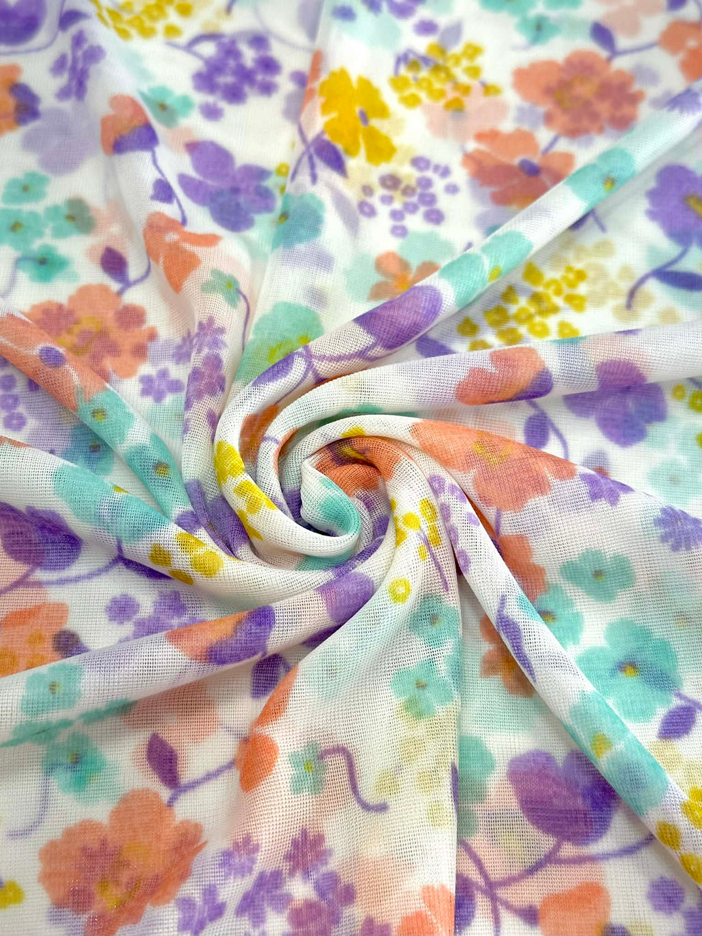 (MESH) MINT, LAVENDER , PEACH, AND YELLOW FLOWERS ON OFF WHITE