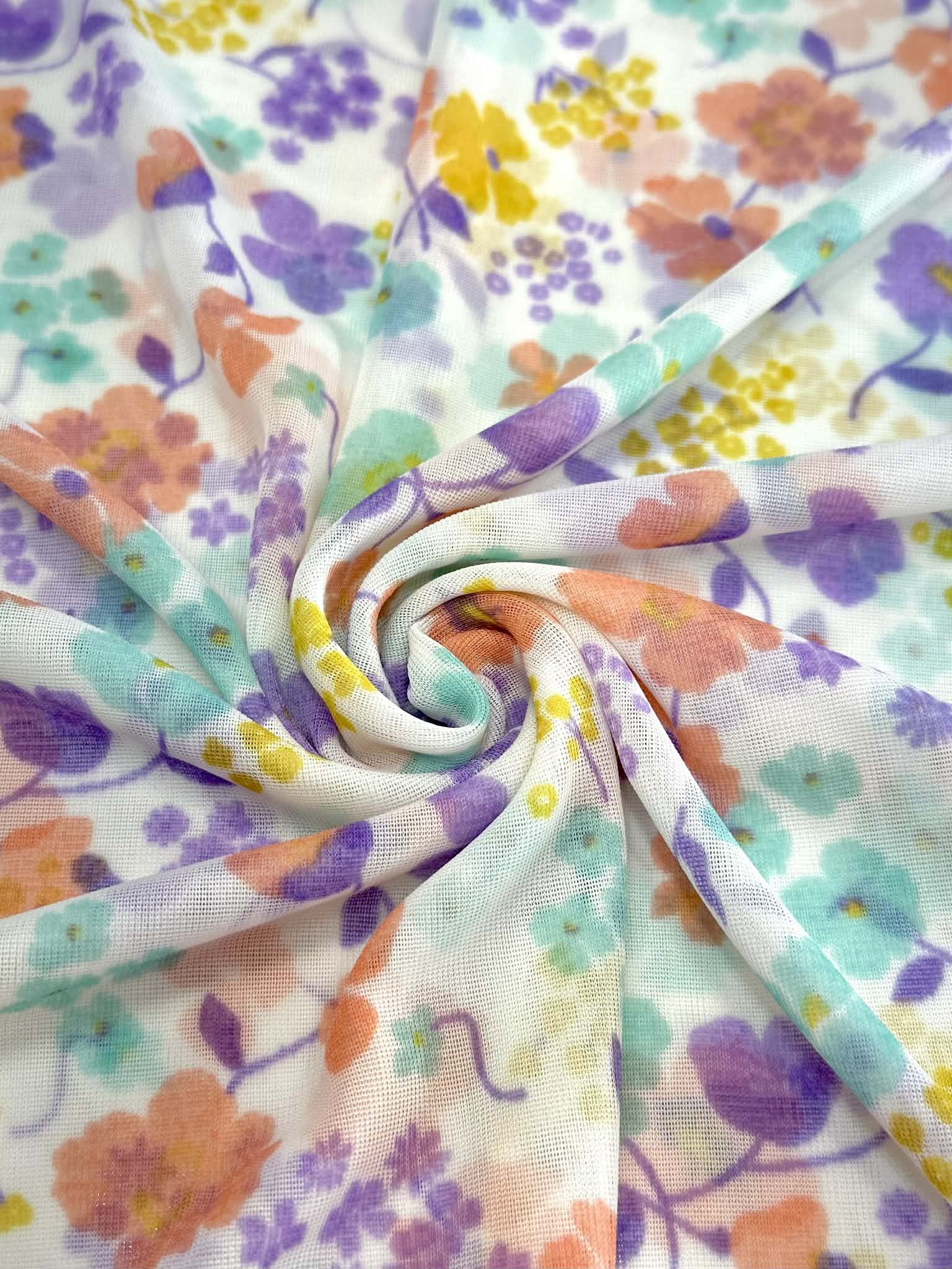 (MESH) MINT, LAVENDER , PEACH, AND YELLOW FLOWERS ON OFF WHITE