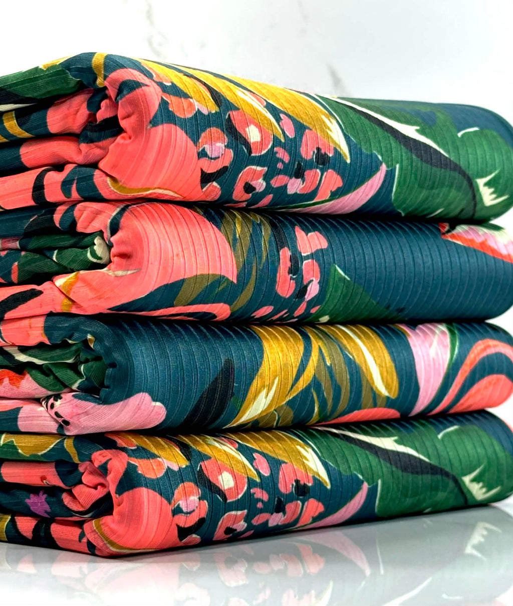 (NYLON RIB) FLORAL PATTERN ON DEEP TEAL