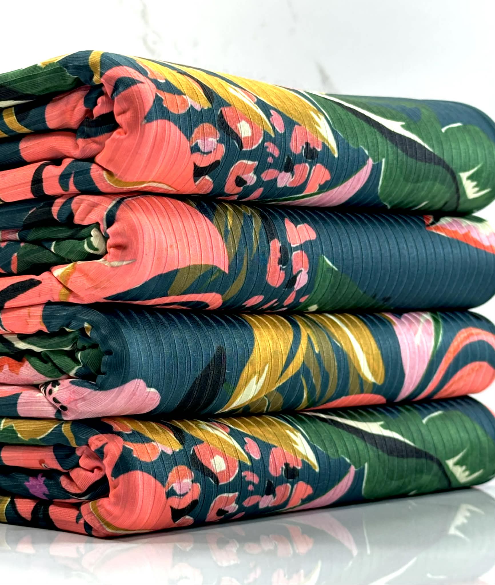 (NYLON RIB) FLORAL PATTERN ON DEEP TEAL