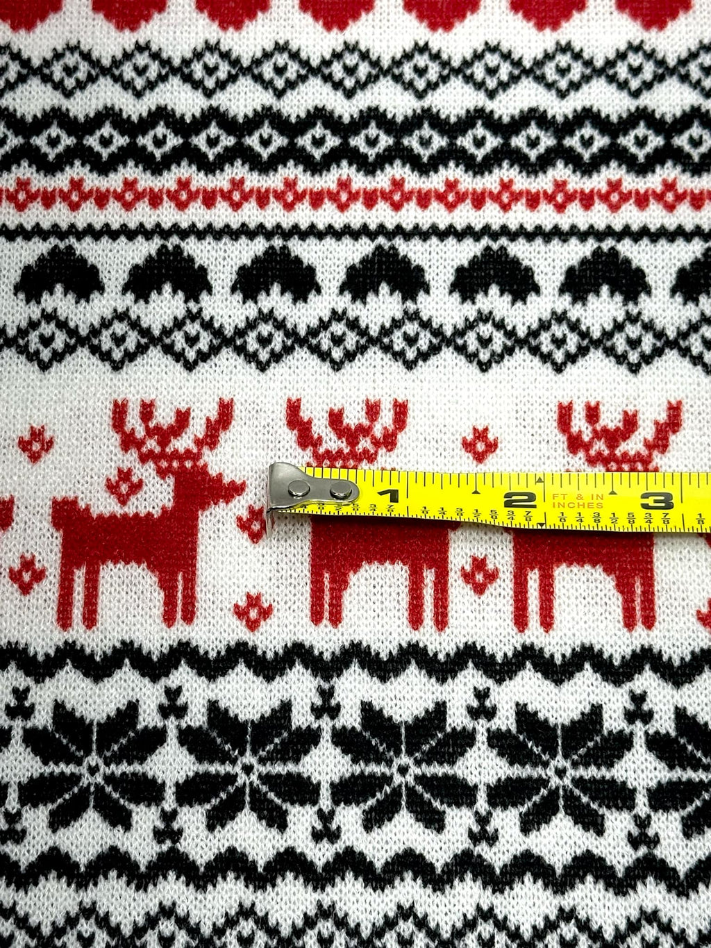 (SWEATER KNIT) RED REINDEER'S AND RED/ BLACK HEARTS ON OFF WHITE