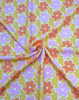 (POLYESTER) PINK AND ORANGE FLOWERS ON MUSTARD